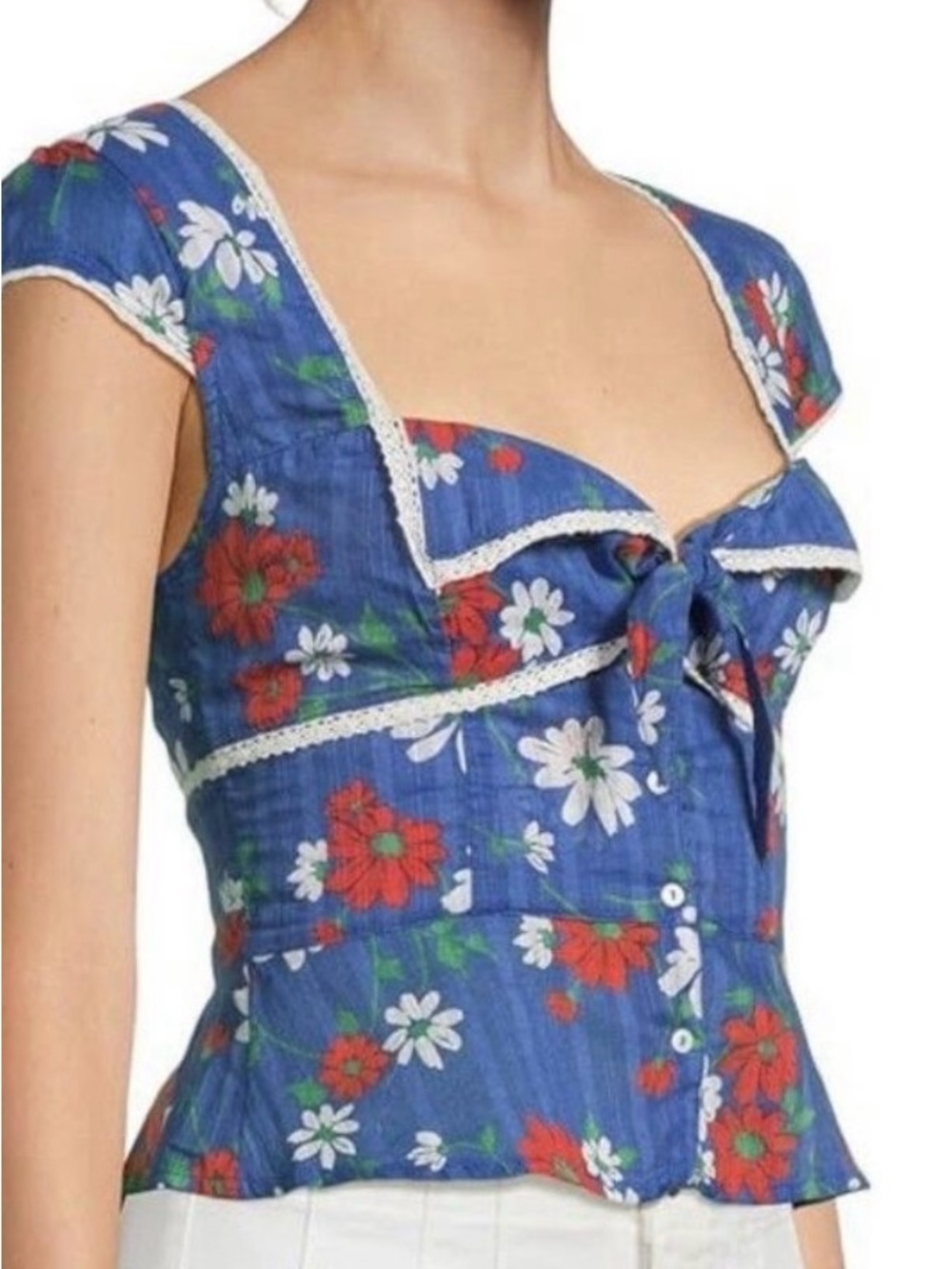 Free People Blue Floral Tie-Front Cap Sleeve Blouse